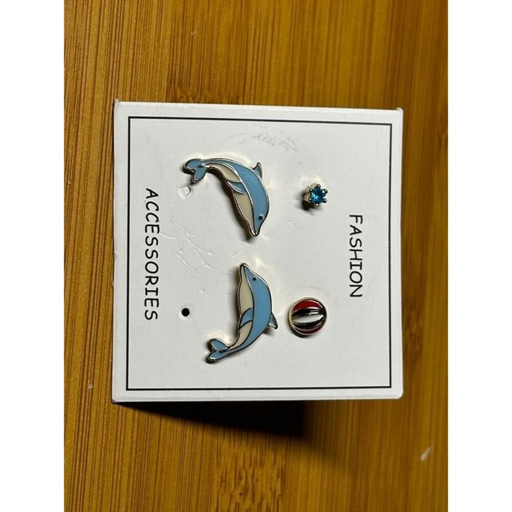 Dolphin Beach Ball Rhinestone Enamel Stud Earrings Set of 3 Pairs Cute NWT New